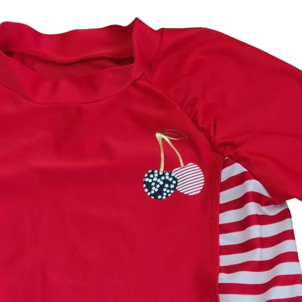 Cat & Jack Girls Cherry USA Short Sleeve Rash Guard Swim Shirt Red Sz M (7/8)